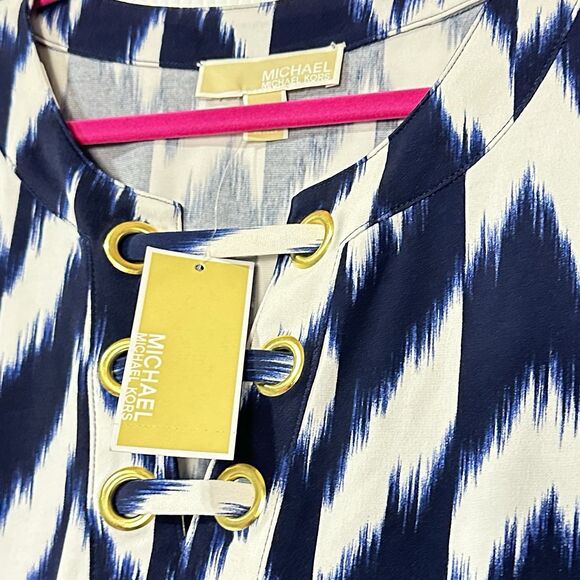 Michael Kors womens dress size 2X Lace Up Neck Sleeveless Navy White Ikat NWT - Picture 3 of 8